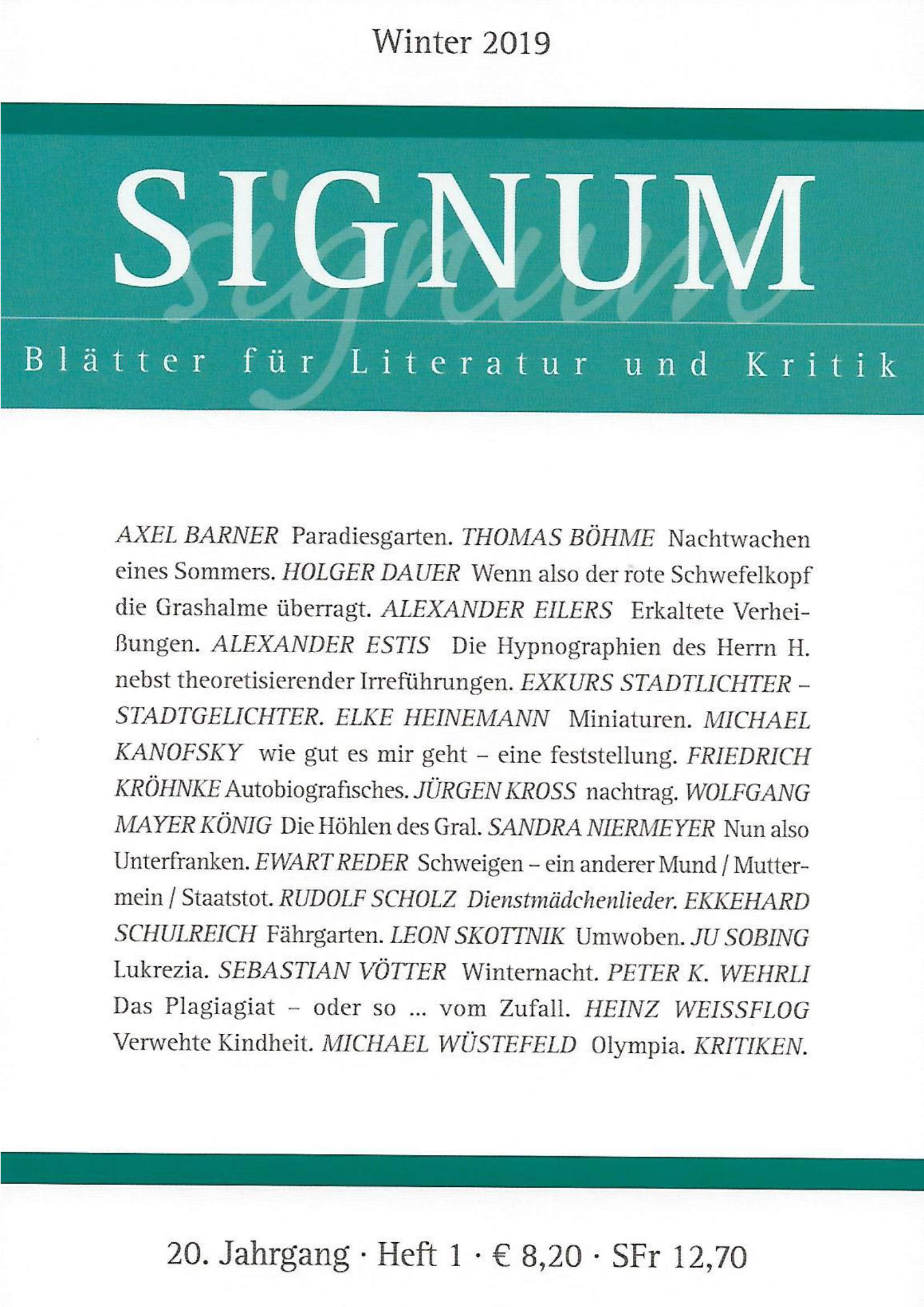 Signum. Blätter für Literatur und Kritik, Winter 2019
