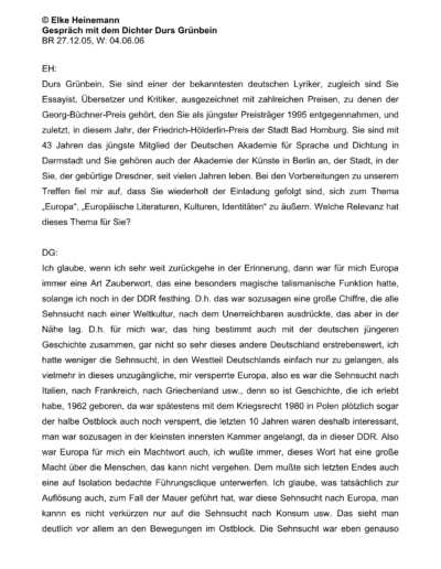 Seite 1 der Leseprobe von Gespräch mit dem Dichter Durs Grünbein | Elke Heinemann