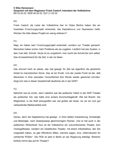 Seite 1 der Leseprobe von Gespräch mit dem Regisseur Frank Castorf, Intendant der Volksbühne | Elke Heinemann