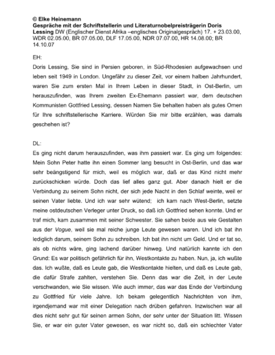 Seite 1 der Leseprobe von Gespräche mit der Schriftstellerin und Literaturnobelpreisträgerin Doris Lessing | Elke Heinemann