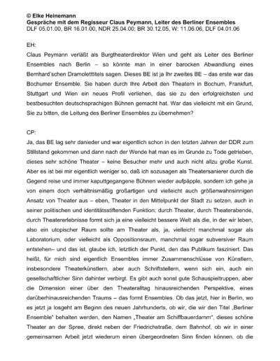 Seite 1 der Leseprobe von Gespräche mit dem Regisseur Claus Peymann, Leiter des Berliner Ensembles | Elke Heinemann