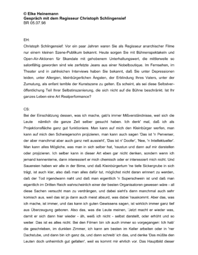Seite 1 der Leseprobe von Gespräch mit dem Regisseur Christoph Schlingensief | Elke Heinemann
