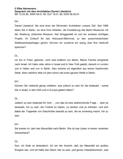 Seite 1 der Leseprobe von Gespräch mit dem Architekten Daniel Libeskind (A) | Elke Heinemann