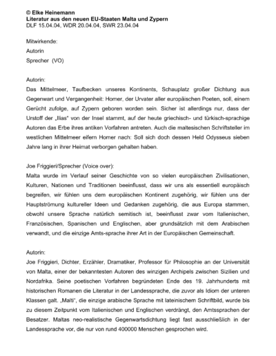 Seite 1 der Leseprobe von Literatur aus den neuen EU-Staaten Malta und Zypern | Elke Heinemann