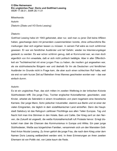 Seite 1 der Leseprobe von Ein ungleiches Paar: Doris und Gottfried Lessing | Elke Heinemann