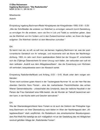 Seite 1 der Leseprobe von Ingeborg Bachmann: „Die Radiofamilie“ | Elke Heinemann