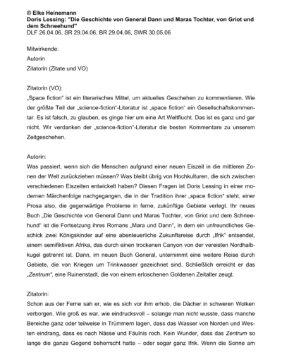 Seite 1 der Leseprobe von Doris Lessing: „Die Geschichte von General Dann und Maras Tochter, von Griot und dem Schneehund“| Elke Heinemann