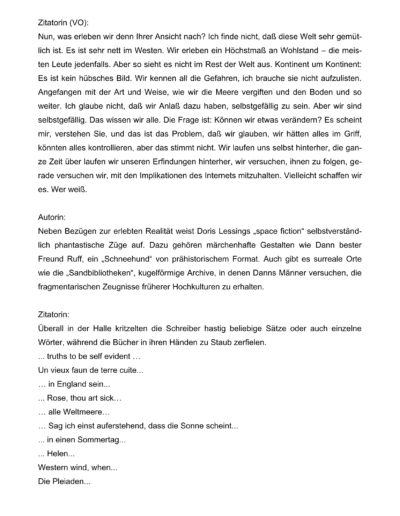 Seite 3 der Leseprobe von Doris Lessing: „Die Geschichte von General Dann und Maras Tochter, von Griot und dem Schneehund“| Elke Heinemann