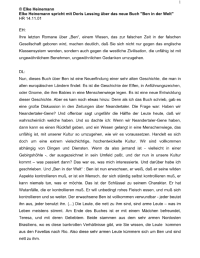 Seite 1 der Leseprobe von Elke Heinemann spricht mit Doris Lessing über das neue Buch „Ben in der Welt“ | Elke Heinemann